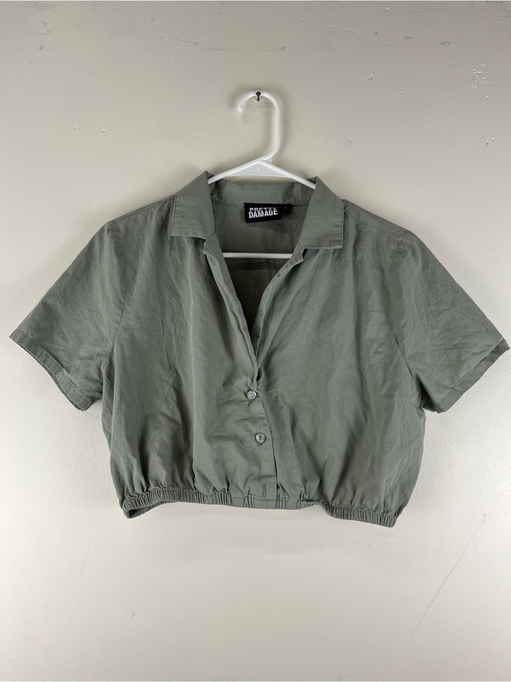 Pretty damage Olive Cropped Button-Up Shirt